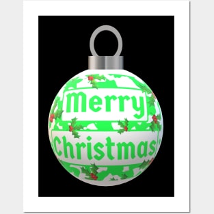 Christmas Tree Ornament with Merry Christmas, Green and White Peppermint and Red Holly Berries Posters and Art